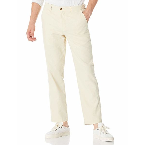 Drawstring Cropped Cotton Mens Casual Linen Pants Loose Leg Breathable