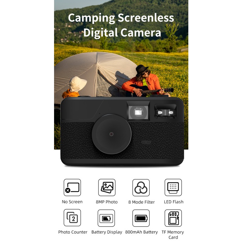 Retro Screenless Digital Camera Screen-free 8 Mode Filters Without Screen 8MP Photo with Photo Counter LED Flash Camping Camera