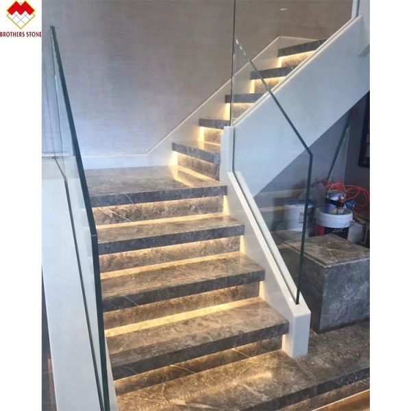 Customized White Marble Stair Step with Riser Designs Glass Railing in Spiral Design