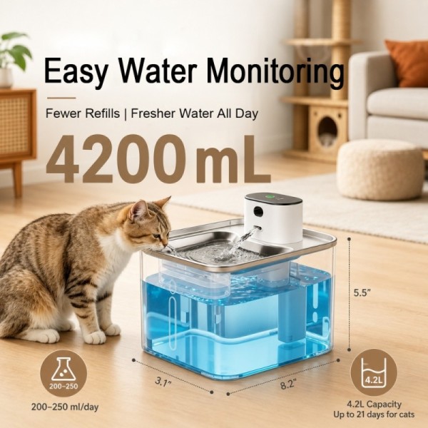 4.2L Wireless Cat Water Fountain With Sensor Timer Dog Pet Drinking Dispenser