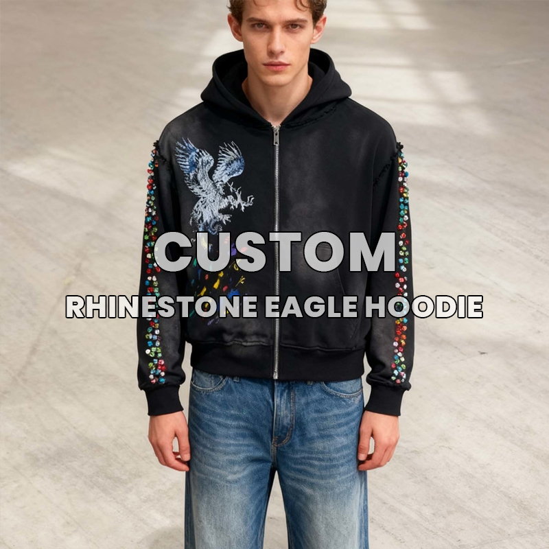 Men’s Vintage Washed Black Zip-Up Hoodie | Eagle Dragon Graphic Print & Multicolor Rhinestone Sleeve Detail | Oversized Streetwear