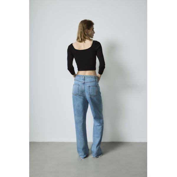 Modal Spandex Basic Long Sleeve Crop Top Ribbing Short Sleeve Plain Black