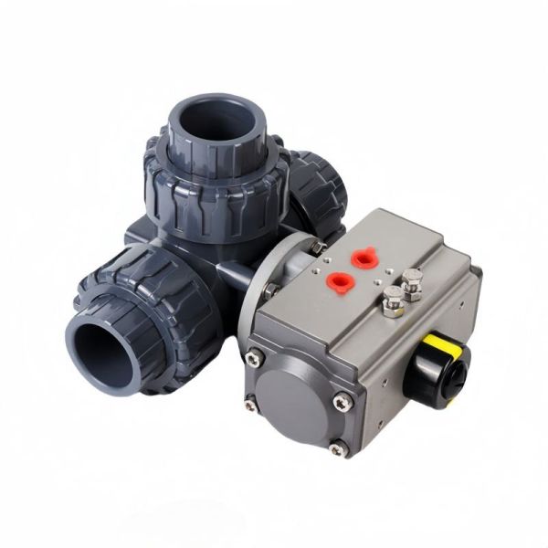 Industrial UPVC Pneumatic Three Way Ball Valve L T Flow Type Socket Union Anti Acid Alkali PVC Ball Valve for Chemical Industry