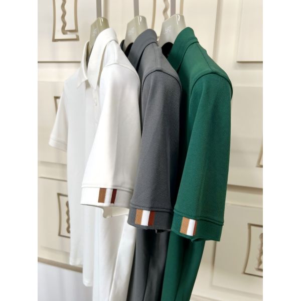 Premium Men Polo Collection | White/Grey/Green Contrast Cuff Trim Exquisite Embroidery