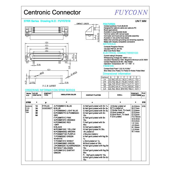 Соединитель PCB 64 Pin прямоугольный, разъем-вилка чемпиона Centronic R/A с Boardlocks