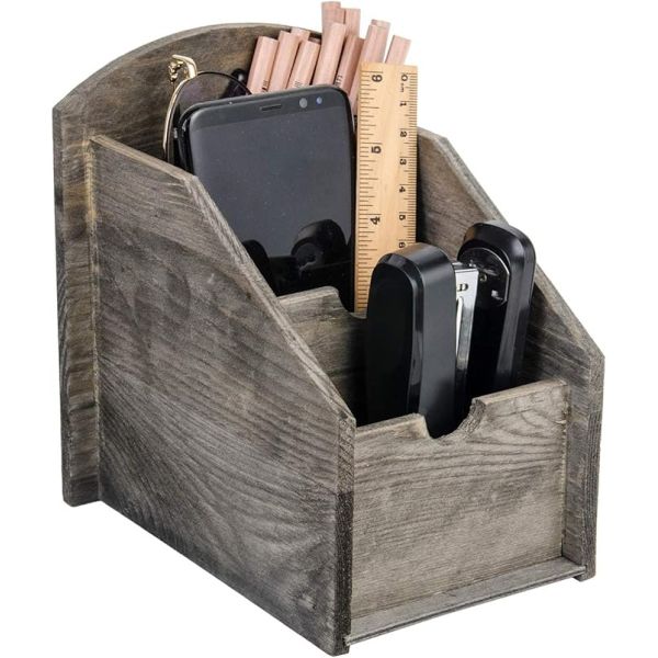 Office Supply Storage Rack Wooden Remote Control Frame Media Organizer in Rustic Style