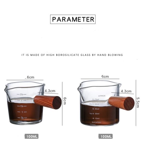 Double-Mouth Italian Walnut Glass Coffee Measuring Cup with Transparent Glass and Lid