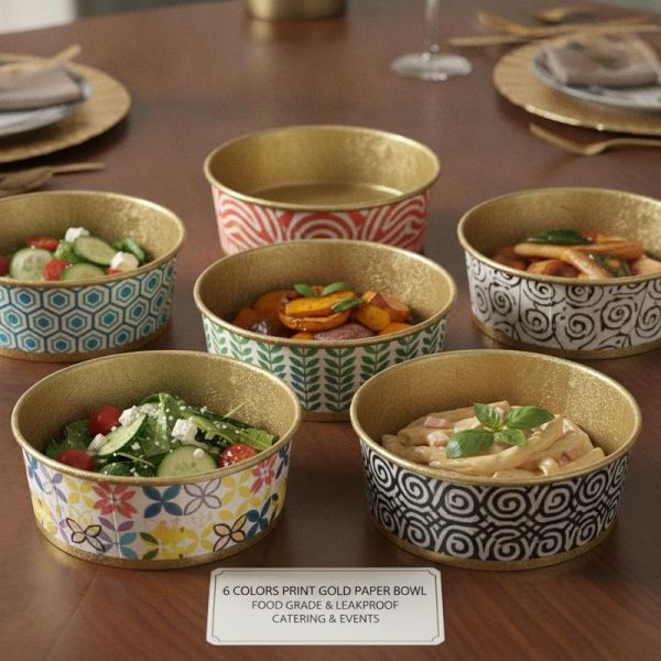 6 Colors Print Gold Paper Bowl with Food Grade Material and Leakproof Design for