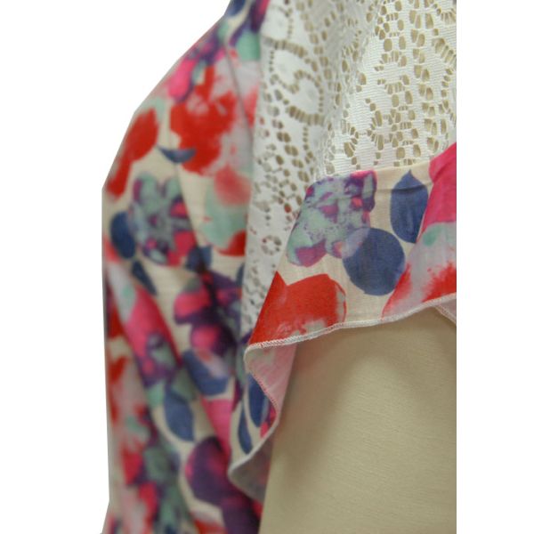 Short Raglan Sleeve Ladies Casual T Shirt Lace Batwing &Shoulder Fresh Flora Print