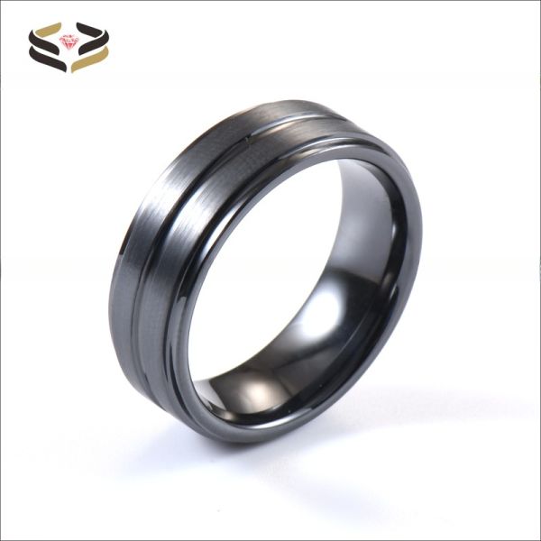 Banda de bodas de cerámica negra de 8 mm, centrada y decorada para hombres, regalo de aniversario