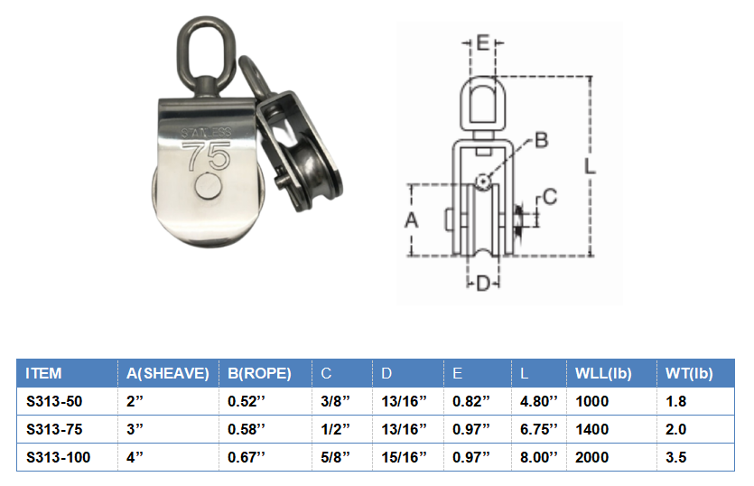 ZINC PLATED Finish Stainless Steel 304 Wire Rope Lifting Pulley Block 25mm