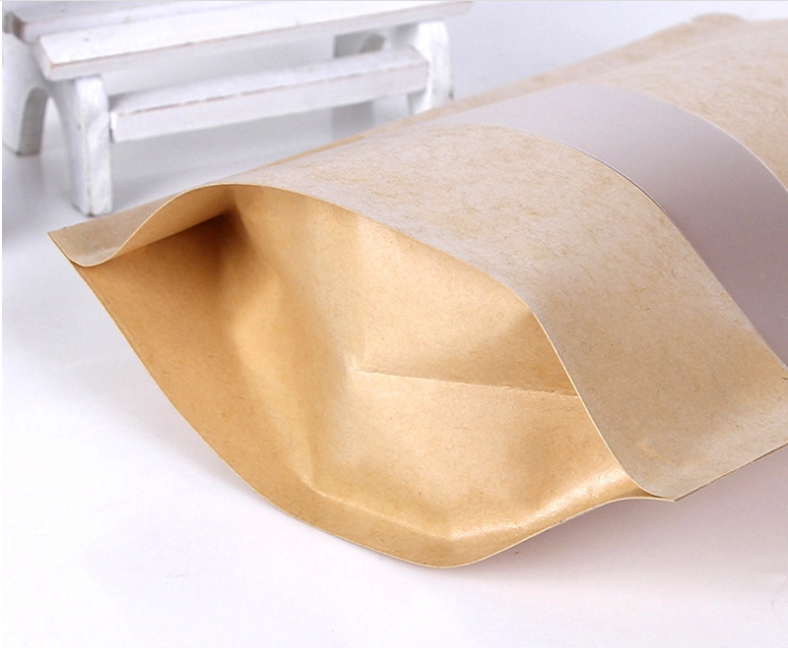 Heat Seal Kraft Paper Ziplock Stand Up Pouch With Clear Window
