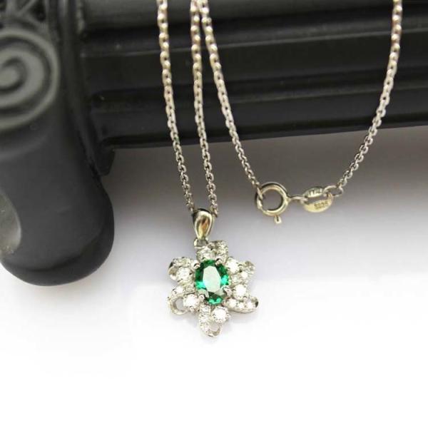 Sterling Silver Cable Chain  Oval Green Cubic Zircon Pendant Necklce (P10)
