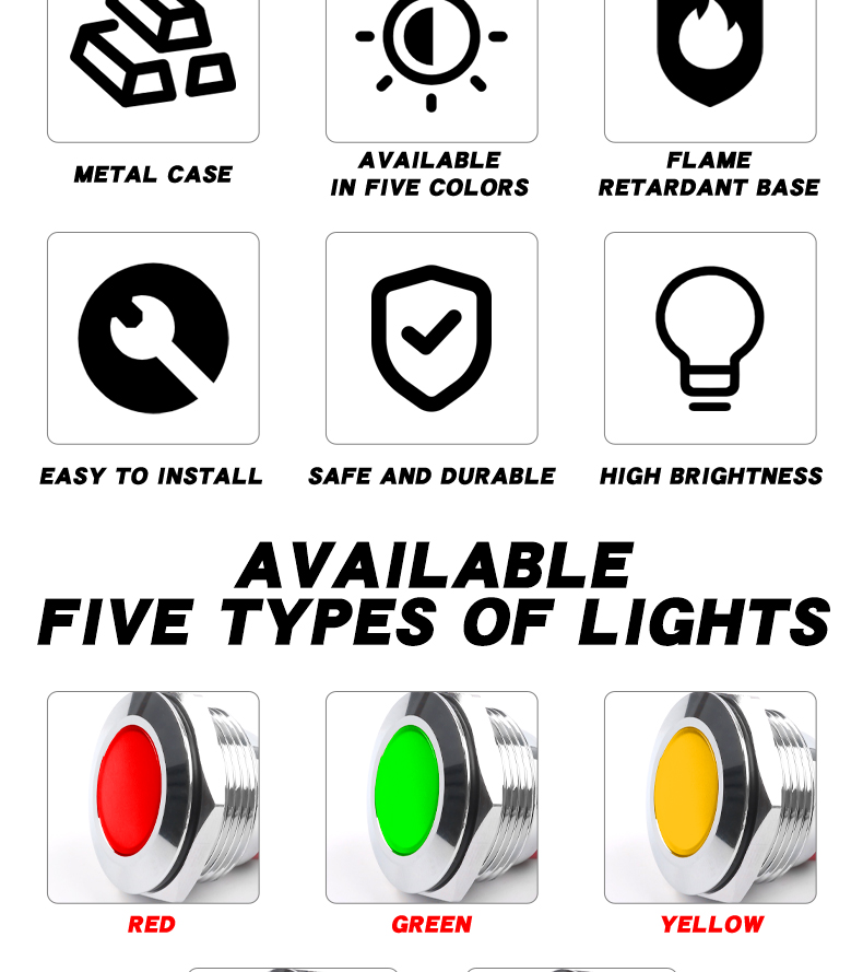 19mm Waterproof LED Signal Lamp Indicator Lights 12V 24V 110V 220V Industrial Source Metal Construction