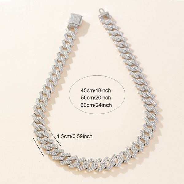 Hot Sale Hip Hop Jewelry 15mm Rhombus Cuban Iced Out White Rhinestone Miami Cuban Link Chain Choker Necklace for Women Men Gift