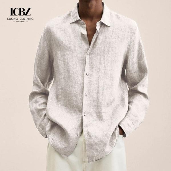 2022 Independent Station V Neck Loose Button Cotton Linen Shirt Man Popular Long Sleeved