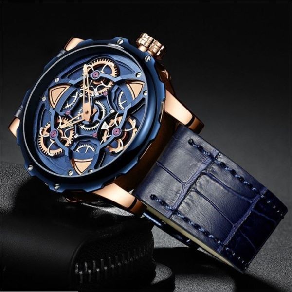 3ATM Waterproof Mechanical Hollow Leather Quartz Watch With 44mm Dial