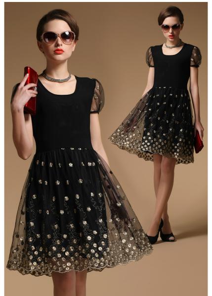 Ladylike style Scoop neck Embroidery lace short sleeves Slimming Burnt-out dress for women
