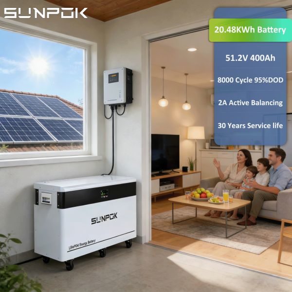 SUNPOK 20KWh 51.2V 20kW 400Ah LiFePO4 Stackable Hybrid Grid Solar Energy Storage Battery Pack for Household Use