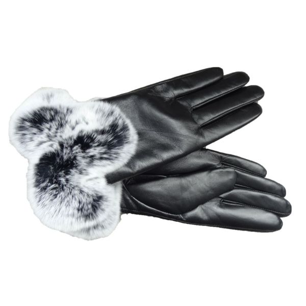 New Collection Fashion Genuine leather Rex Rabbit Fur Cuff Wool Lined Sheepskin Ladies Dress Gloves