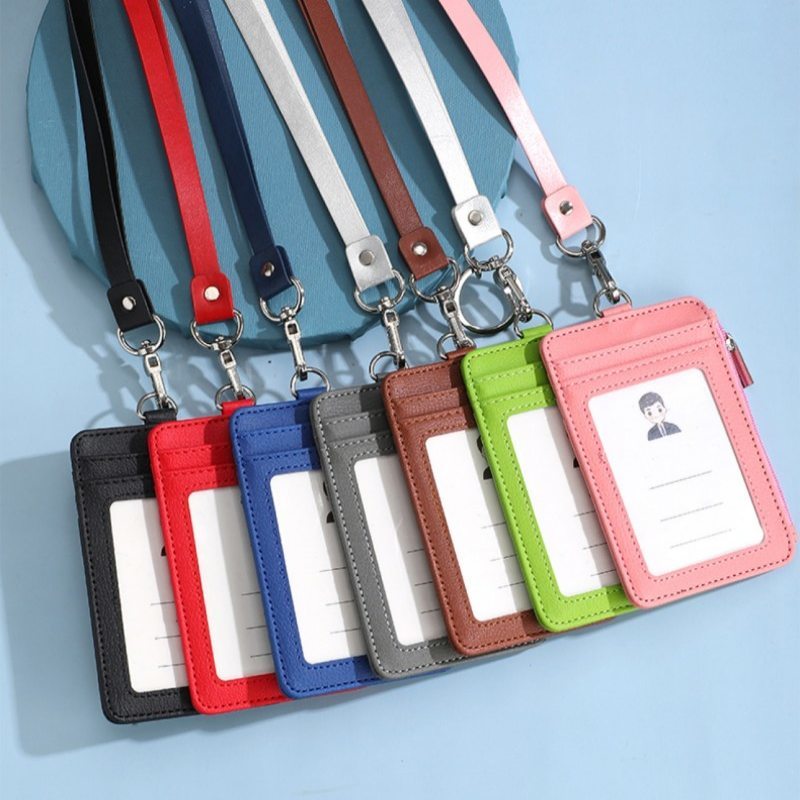 Zipper Faux Leather ID identity Card Badge Holder With Detachable Lanyard