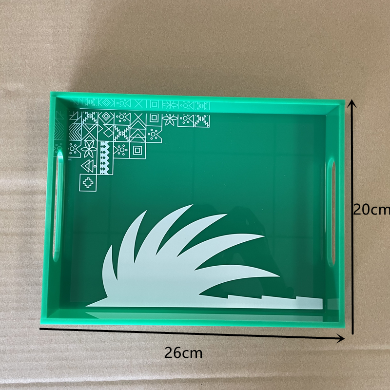 Green Acrylic Serving Tray With Handles Rectangular Food Tray For Drinks Coffee Dessert Breakfast