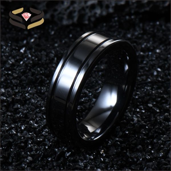 Bandas de boda de cerámica negra geométrica con doble ranura de 6 mm para hombres mujeres