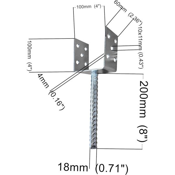 U Type Pergola Brackets Foot Shaped Galvanised 4mm Thick 4 Inch X 4 Inch X 2.3 Inch