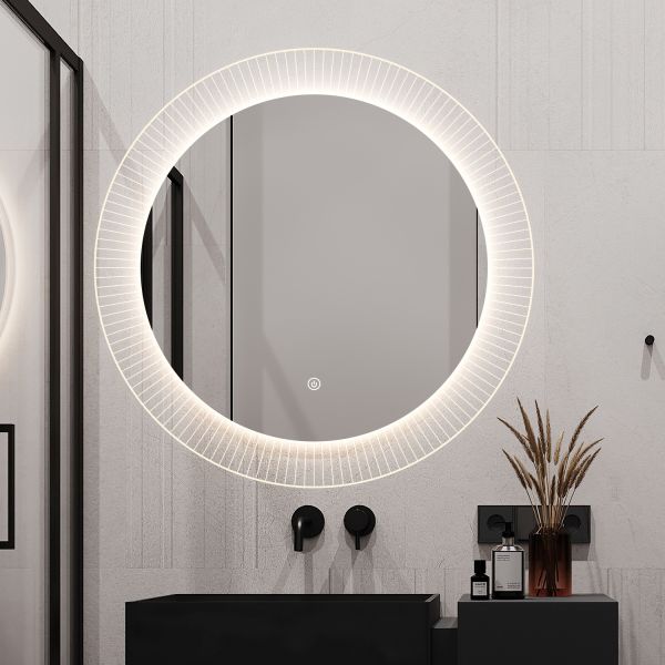 Luxury Striped Acrylic Round LED Framed Mirror High Brightness Decorative Wall Mirror