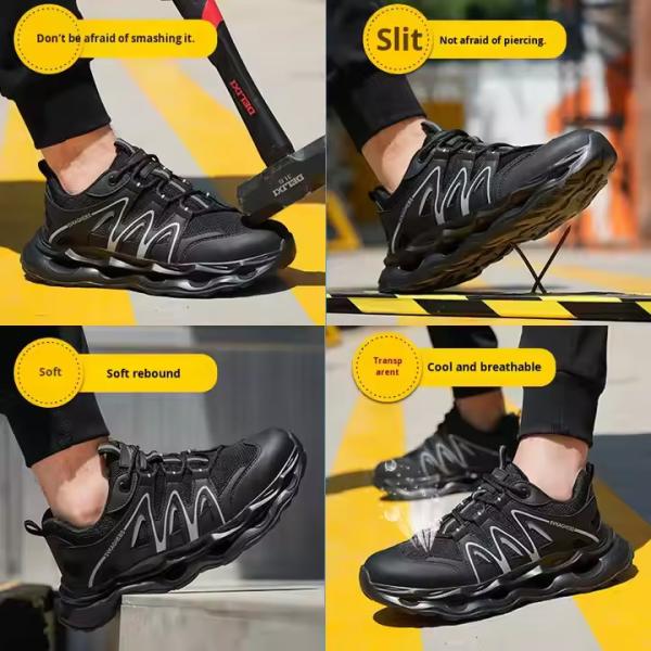 Breathable Microfiber Leather Mesh Safety Shoes With Kevlar Anti-stab Steel Toe And EVA Sole In Black