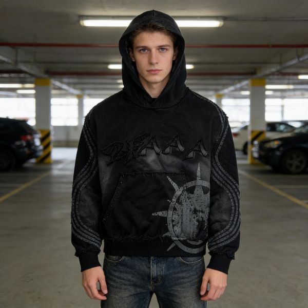Custom Heavyweight Stripe Applique Patch Rhinestone Y2k Streetwear Oversized Pullover Acid Washed Vintage Sun Faded Hoodie Men