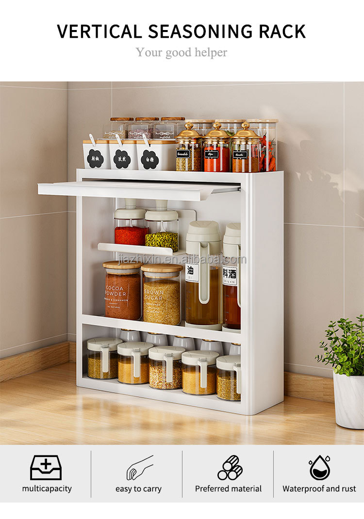 Sliding Door Modern Kitchen Spice Cupboard Rack Countertop 4 Tier Seasoning Jars Organizer Boxs Holder Storage Bottles Shelf