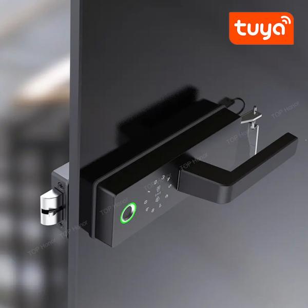 Office Tuya Wireless Control Smart Glass Door Lock Fingerprint IC Card Access