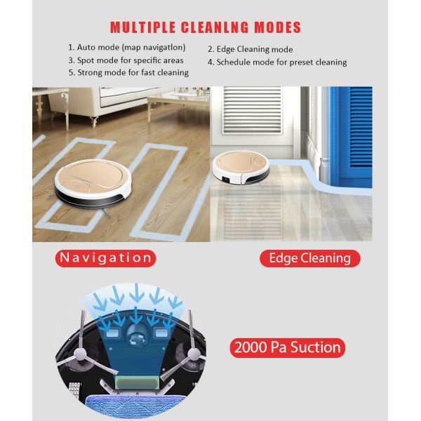 2000PA Automatic Robot Vacuum Cleaner with Mobile APP Control For Thin Carpet and Floor