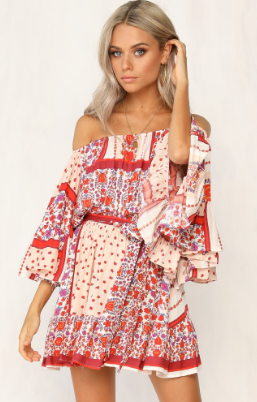 Summer Dresses Women Boho Printed Off Shoulder Mini Dress