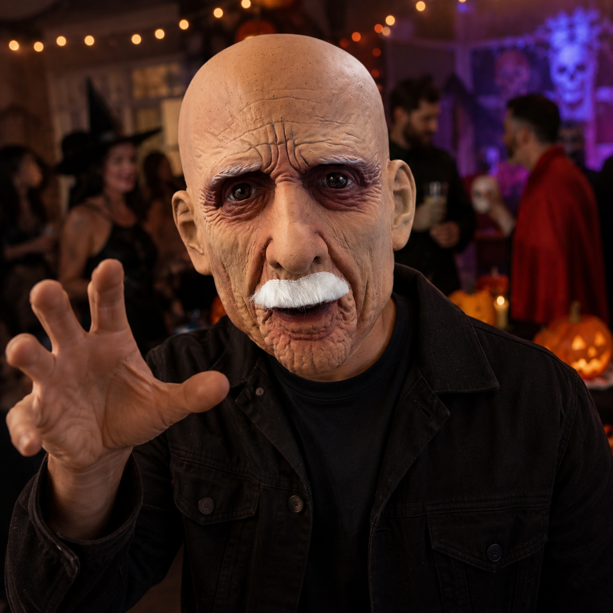Bald Old Man Latex Full Head Mask with White Mustache, Realistic Wrinkles, Aged Skin Texture, Detailed Ear Shape and Visible Eye Openings for Halloween Party Cosplay Costume