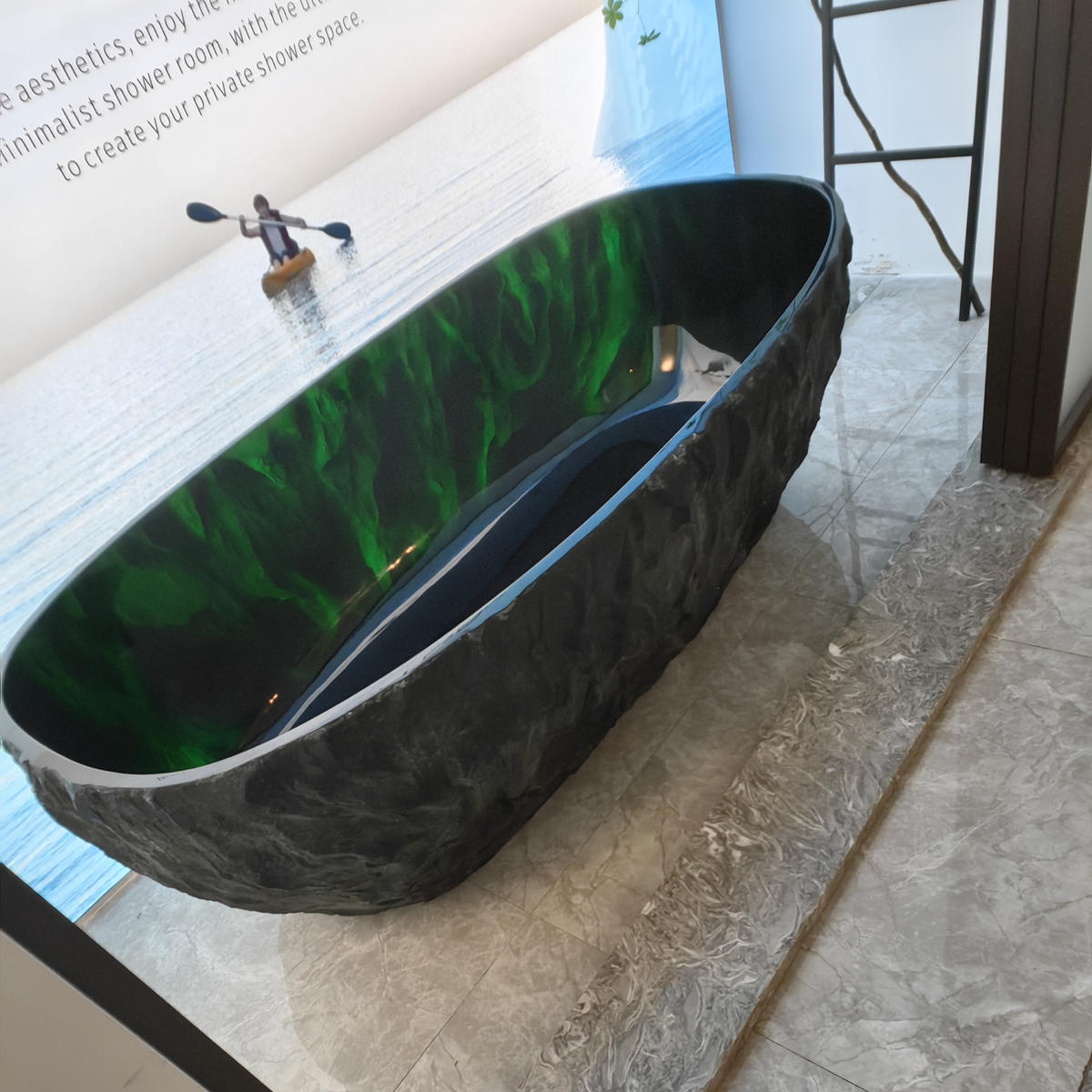 Luxury Volcanic Stone Solid Surface Bathtub Green Resin Freestanding Soaker 60 Inch