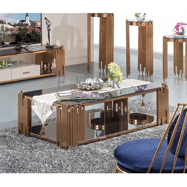 Rose Golden Metal Table Leg and Tempered Glass Living Room Coffee Table