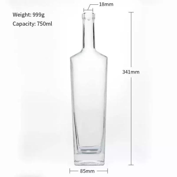 Square Spirit Liquor Bottle Capacity 750ml Base Material glass with Synthetic Cork
