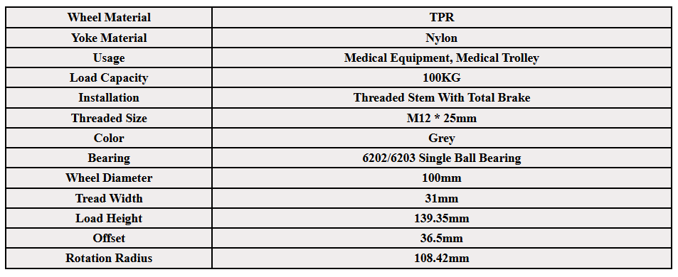 Gray OEM 4 Inch Plastic TPR Silent Swivel Medical Caster Wheel Stem Casters