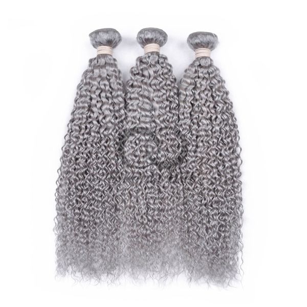Grey Kinky Curly Remy Human Hair Bundles Sew In Weave Bundles Brazilian Bundle Deals