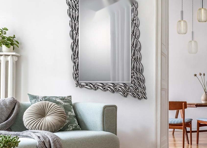 Silver Mirror Finish Wall-Mounted Mirrored Fireplace with MDF Construction and Space-Saving Design