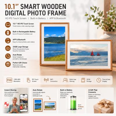 HD Wooden Digital Picture Frame 10.1 Inch Smart Digital Picture Frame With Bluetooth And Built In Battery