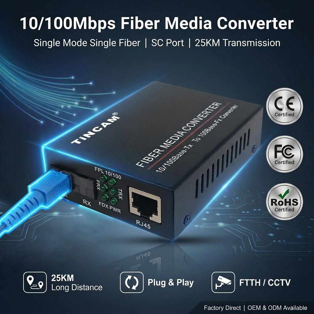10/100Mbps Fast Ethernet BiDi Single Mode Single Fiber Media Converter 1 SC Fiber + 1 RJ45 Port 25km 1310/1550nm External Power Adapter TNC-ME1312E-S20AB