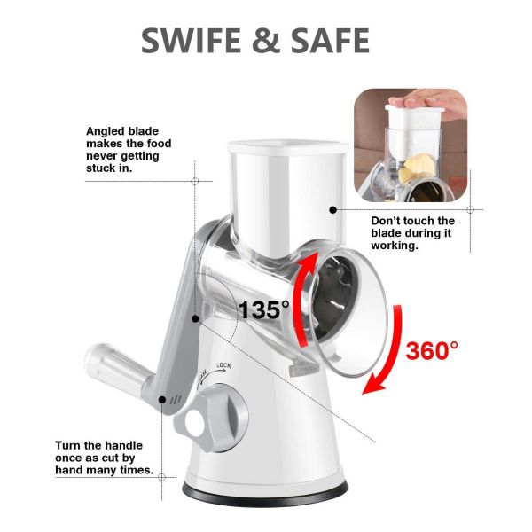 3 Drum Blades Stocked Rotary Cheese Grater for Manual Vegetable Slicer and Walnuts Grinder