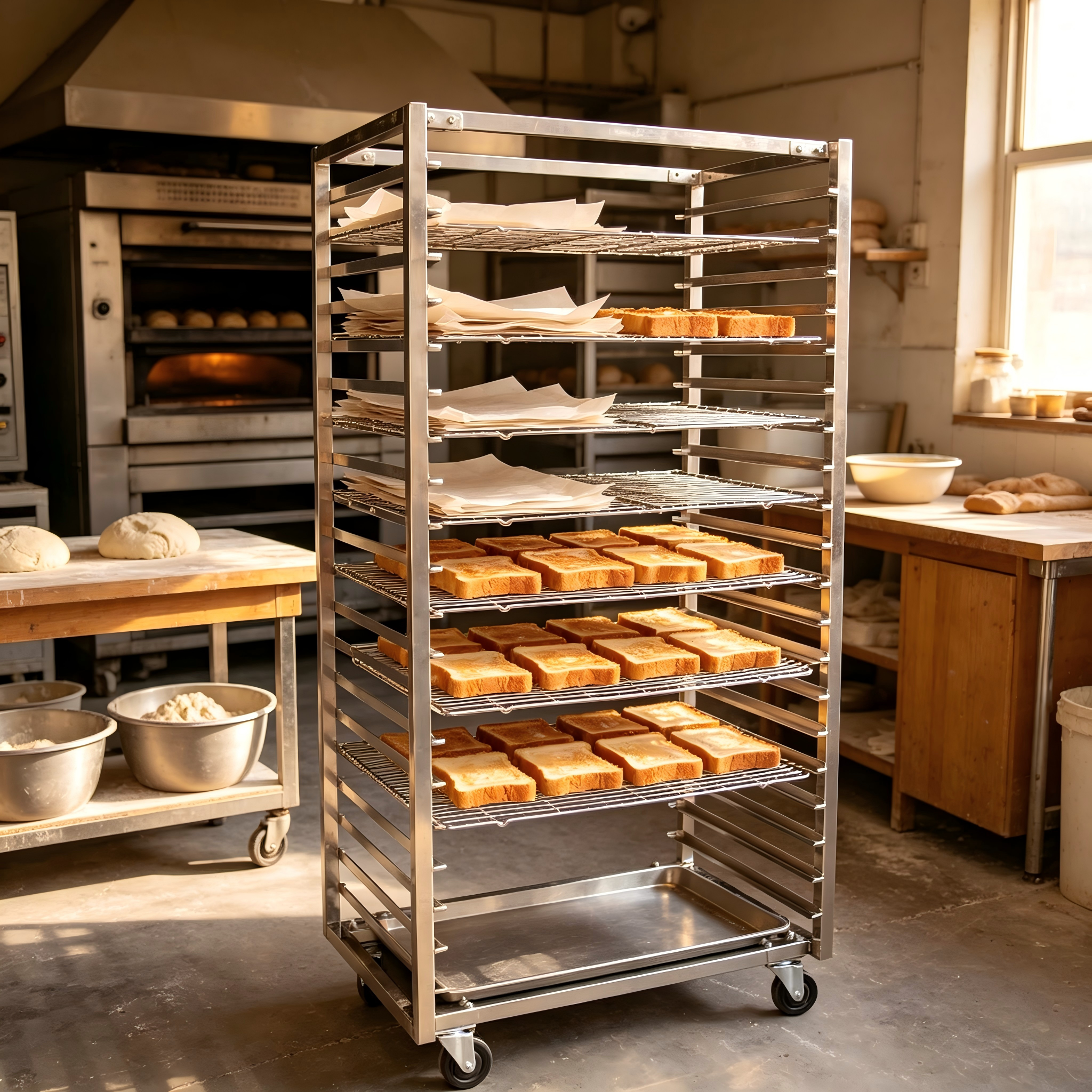 304 Food Grade Stainless Steel Rack Trolley 15 Tier Mirror Polished Rust Resistant Bakery Tray Cart