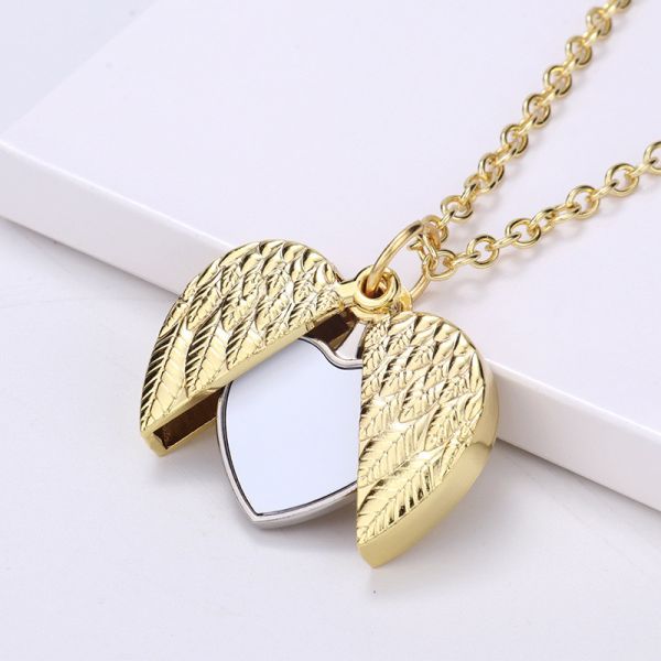 Custom Sublimation Angel Wings Heart Locket Pendant Necklace Personalized Locket Necklace
