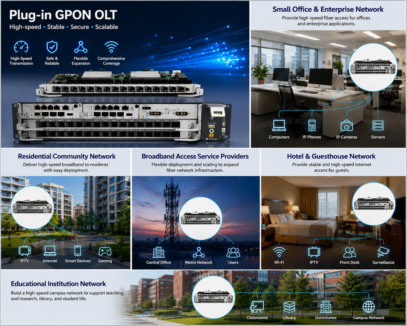 Plug-in GPON OLT，Plug-in GPON OLT Module Optical Line Terminal for FTTH FTTx ISP Enterprise and Campus Fiber Access Networks