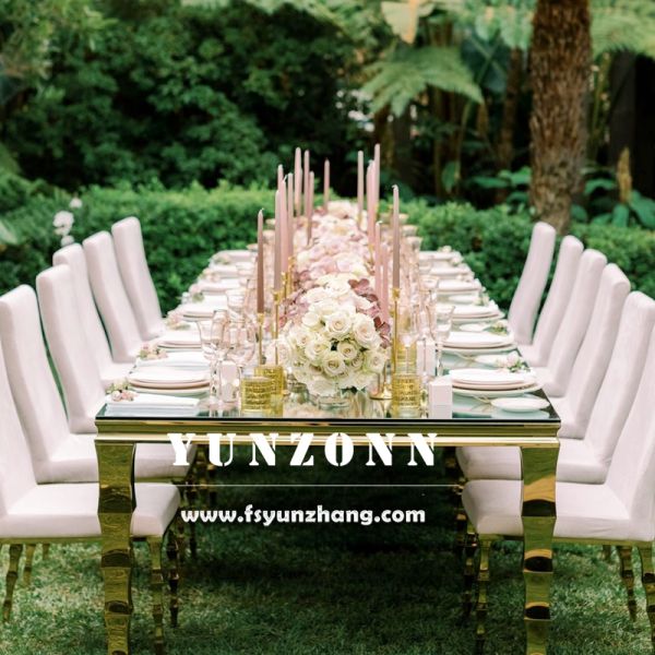Hotel Hall Restaurant Furniture Metal Frame 8 Seater Glass Dining Table with Chair