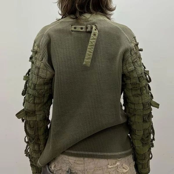 Streetwear Boxy Long Sleeve Tee Embroidery Waffle Knit Vintage Full Sleeve T Shirt